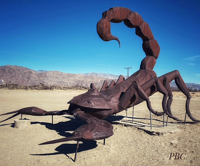 Large metal scorpion in the desert. Metal Sky Art Sculptures, Borrego Springs, CA