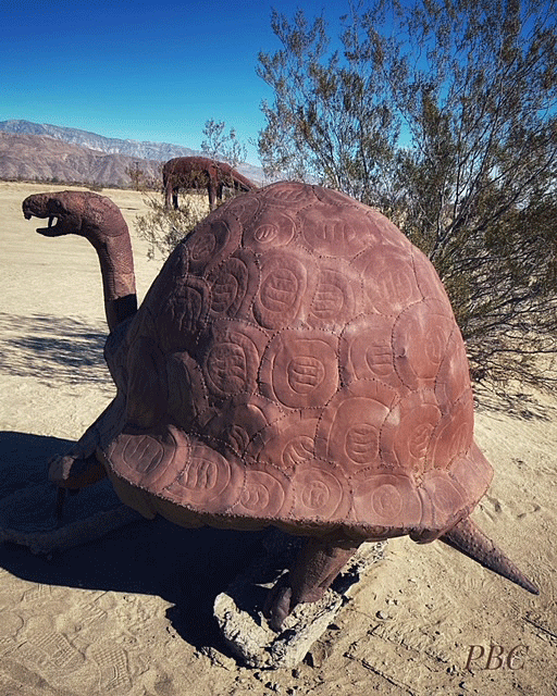 Large metal tortoise sculpture at Metal Sky Art Sculptures, Borrego Springs CA
