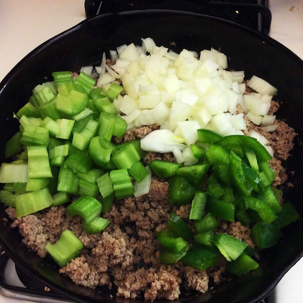 Add-celery-and-onion-and-green-pepper-to-ground-turkey