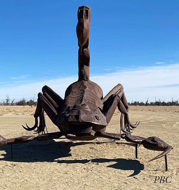 Large metal grasshopper in desert scene. Metal Sky Art sculptures. Borrego Springs CA